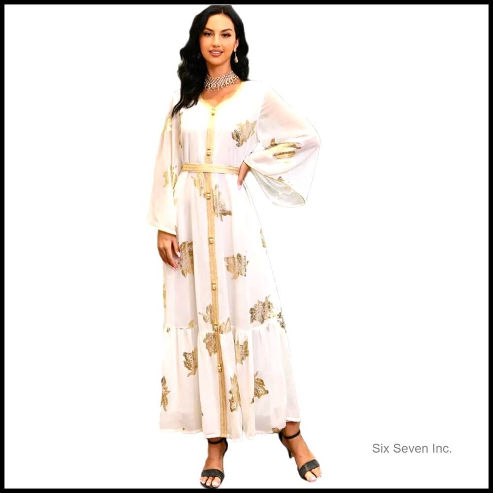 PolyJolly Print Abaya Dress Floral Kaftan Loose Fit V-Neck